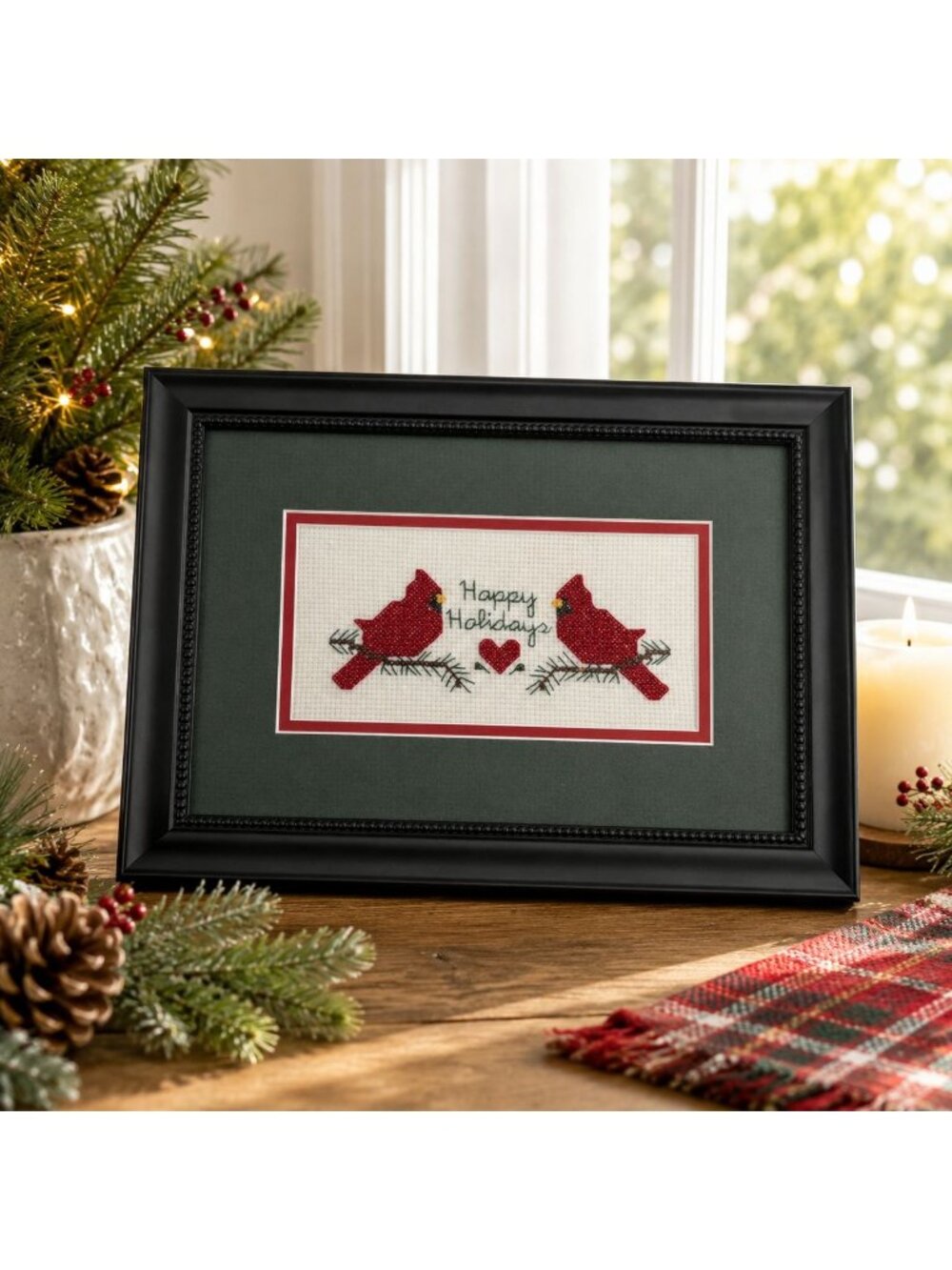 Framed Cardinal Cross-Stitch "Happy Holidays" Handmade 2005 Black Frame